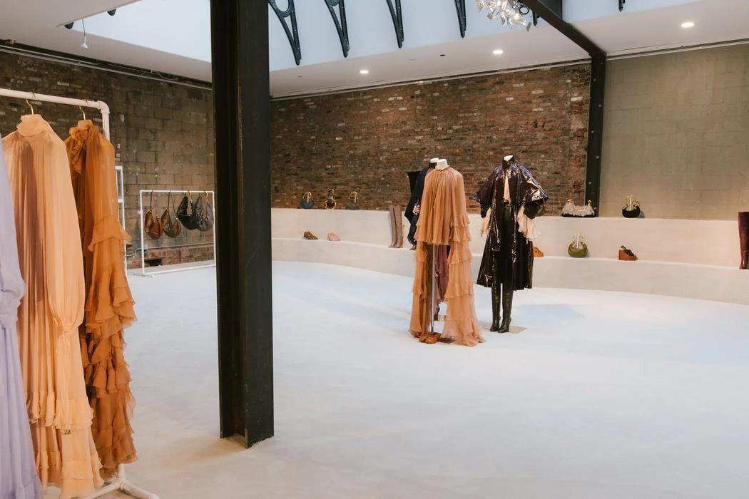 Interior of Ideal Glass, with display areas and exposed brick